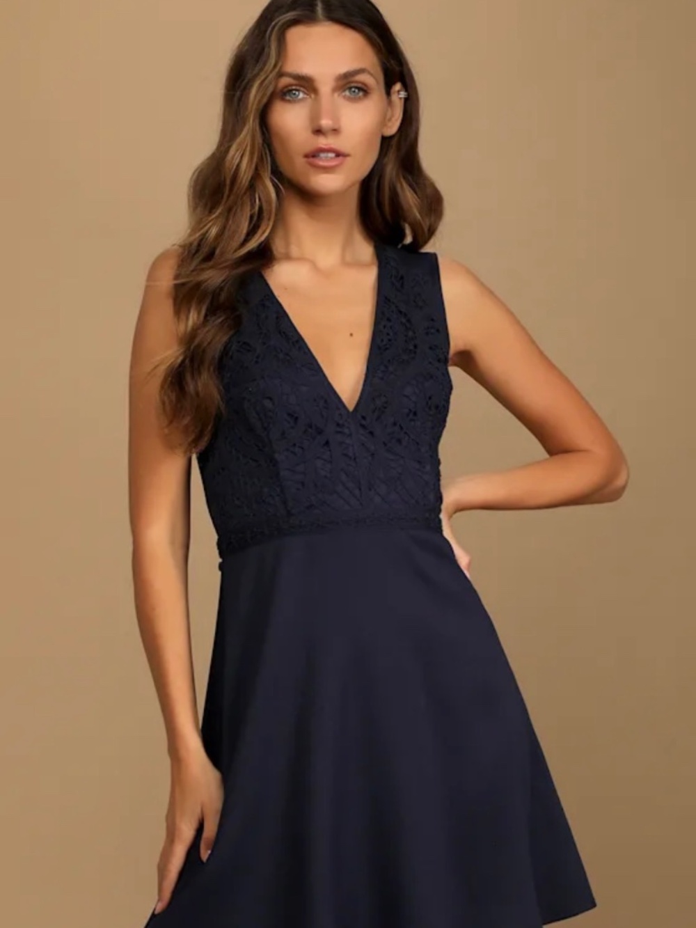 Lulus Florentia Navy Blue Crochet Lace Skater Dress - Size L